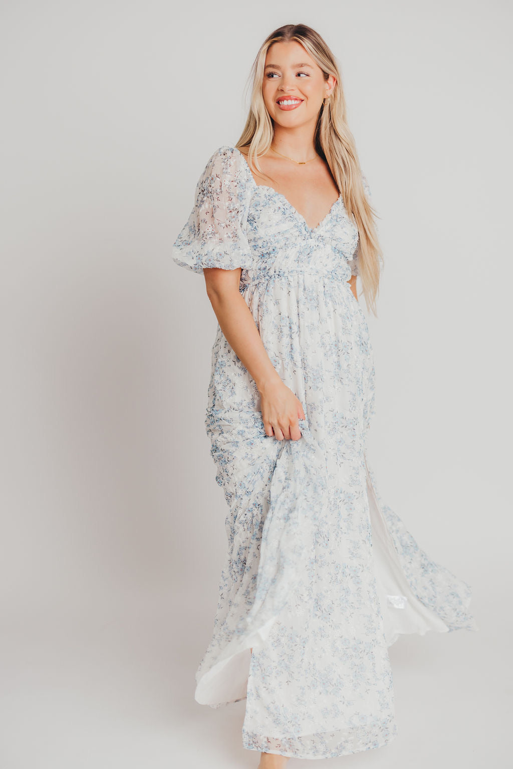 Blue and White Floral Daphne High Slit Eyelet Detail Maxi Dress - Plus Size & Inclusive Sizing - Perfect for Summer Weddings, Beach Vacations & Date Nights