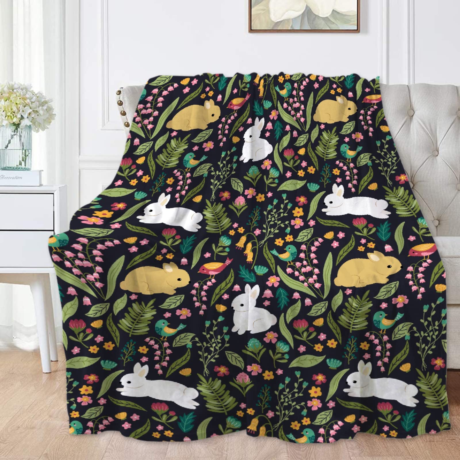 Cute Cartoon Rabbit and Flowers Fleece Blanket - Soft Lightweight Cozy Throw for Women, Men & Kids - Extra Large 120x90 Inches (Overking Size) - Perfect for Bed, Couch, Living Room - All Season Comfortable Family Blanket for Home Decor, Gifts, and Snuggling