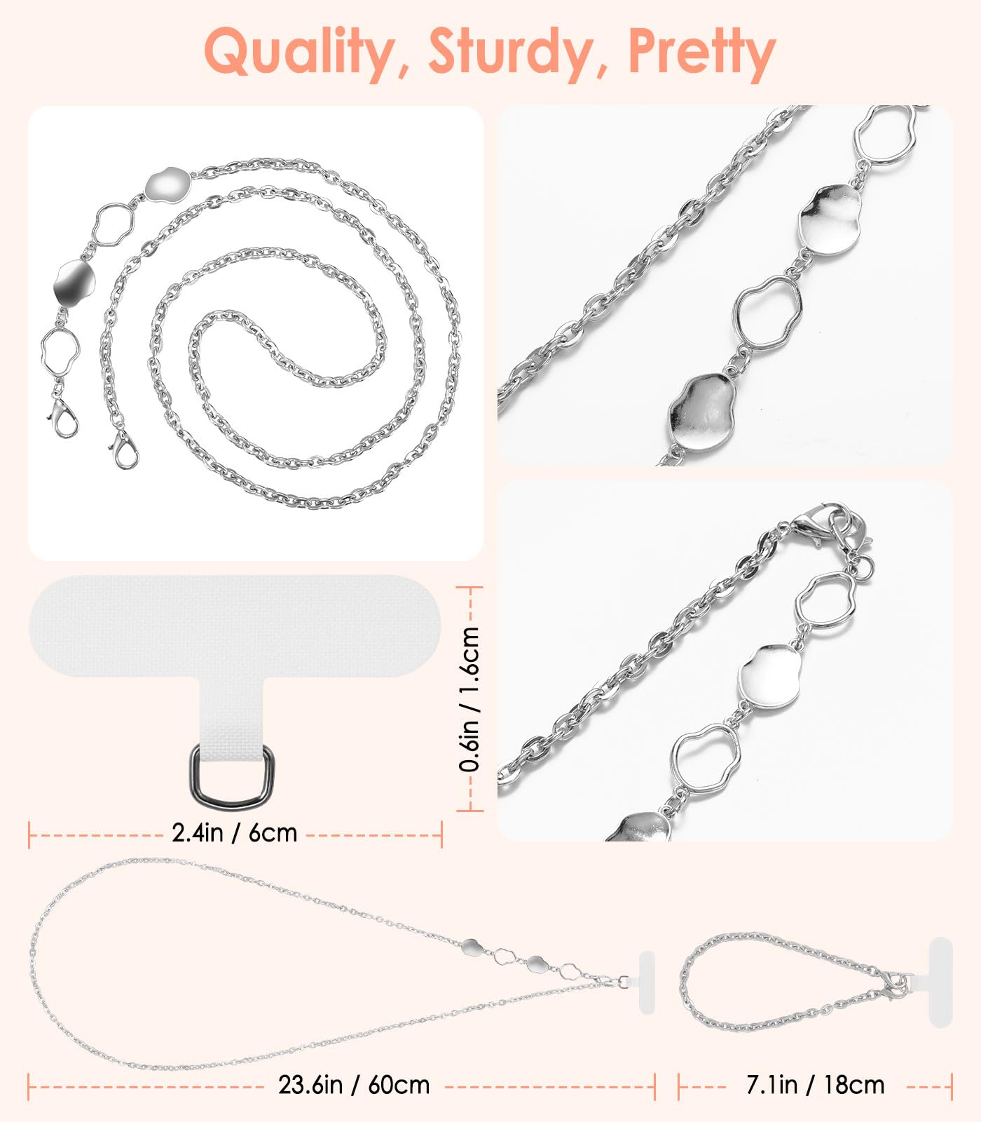 MoKo Universal Phone Lanyard Strap - Metal Crossbody Phone Chain for iPhone, Samsung & Smartphones | Includes Wrist Strap & 2 Lanyard Patches (Silver) | Perfect for Travel, Concerts & Hands-Free Convenience