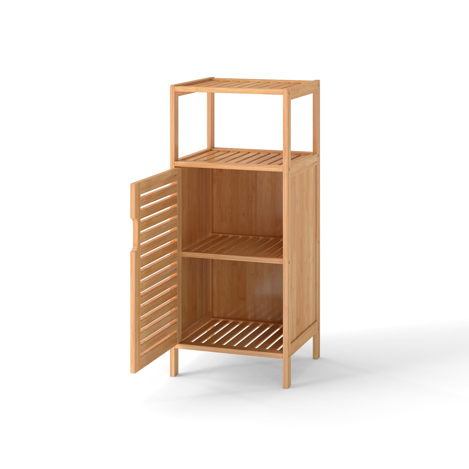 Kinborbaby Small Bathroom Storage Cabinet - Bamboo Bathroom Organizer with 3 Shelves, Narrow Floor Cabinet for Towels & Toiletries, Space-Saving Bathroom Furniture for Apartments & Small Spaces