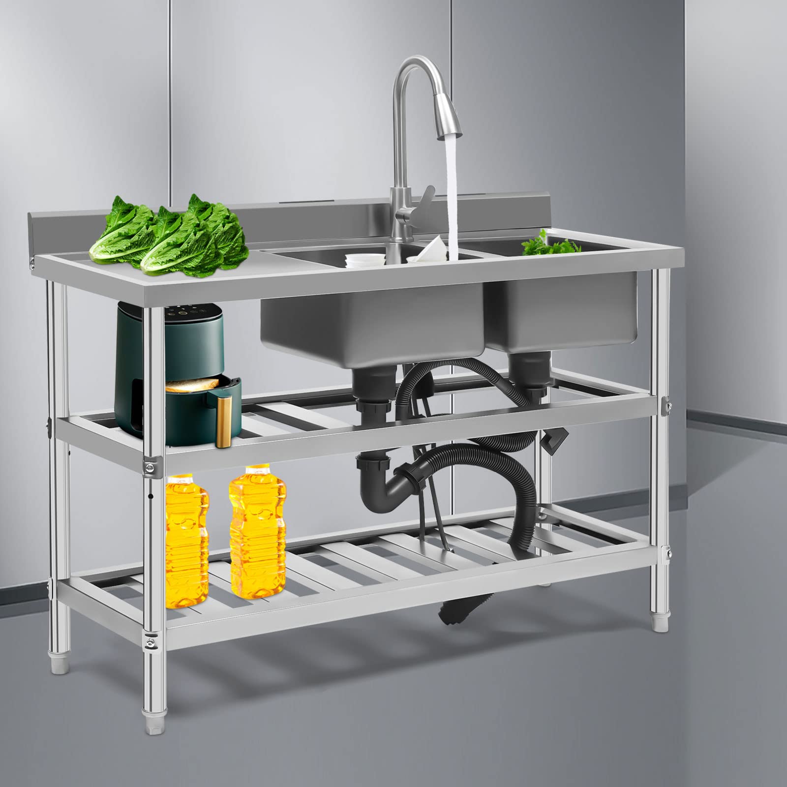 Commercial Stainless Steel Utility Sink - Double Bowl Restaurant Kitchen Sink with Strainer, 201 Stainless Steel Freestanding Rectangular Sink for Food Prep, Dishwashing & Commercial Kitchens