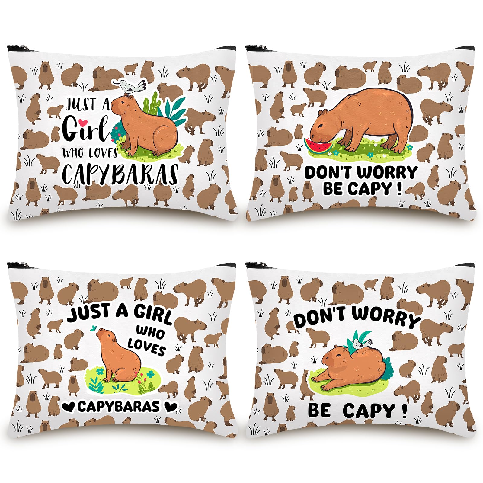4PCS Kawaii Capybara Makeup Bags - Waterproof Canvas Cosmetic Organizer with Zipper for Travel, Toiletries & Jewelry Storage - Perfect Gift for Women, Girls (Birthday, Graduation, Friendship) - Cute Capybara Lover Accessories for Daily Use & Gifting