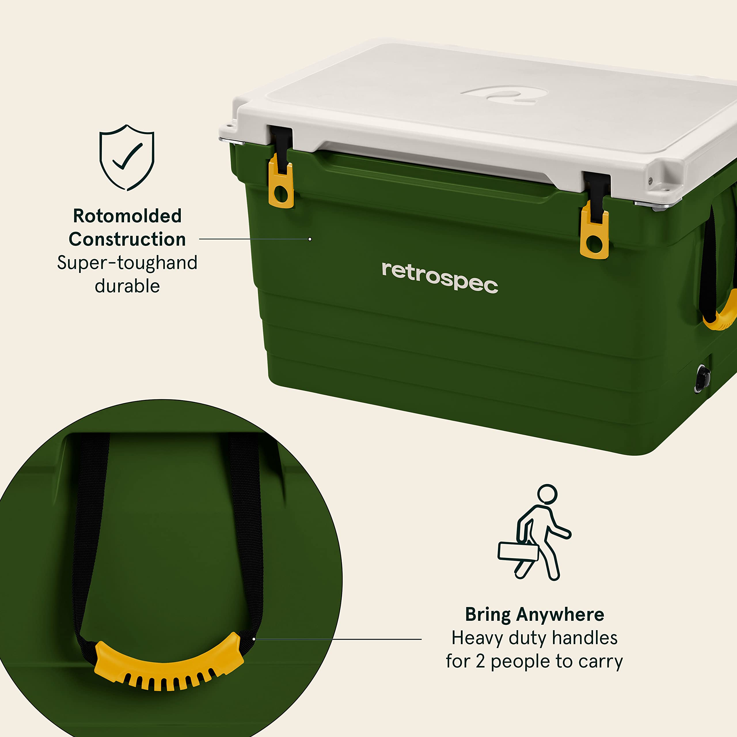 Retrospec Palisade Rotomolded Cooler - Heavy Duty Insulated Ice Chest with Built-in Bottle Opener, Tie-Down Slots & Dry Storage Basket - 25QT, 45QT, 65QT Sizes for Beach, Camping, Picnic, Tailgating & Outdoor Adventures