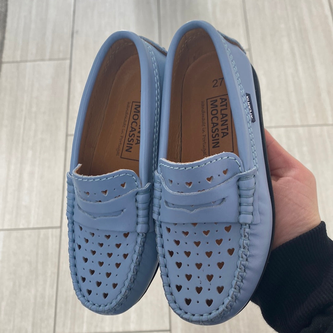Atlanta Moccasin Sky Blue Heart Cutout Penny Loafers - Women's Casual Slip-On Shoes for Work, Office & Everyday Wear