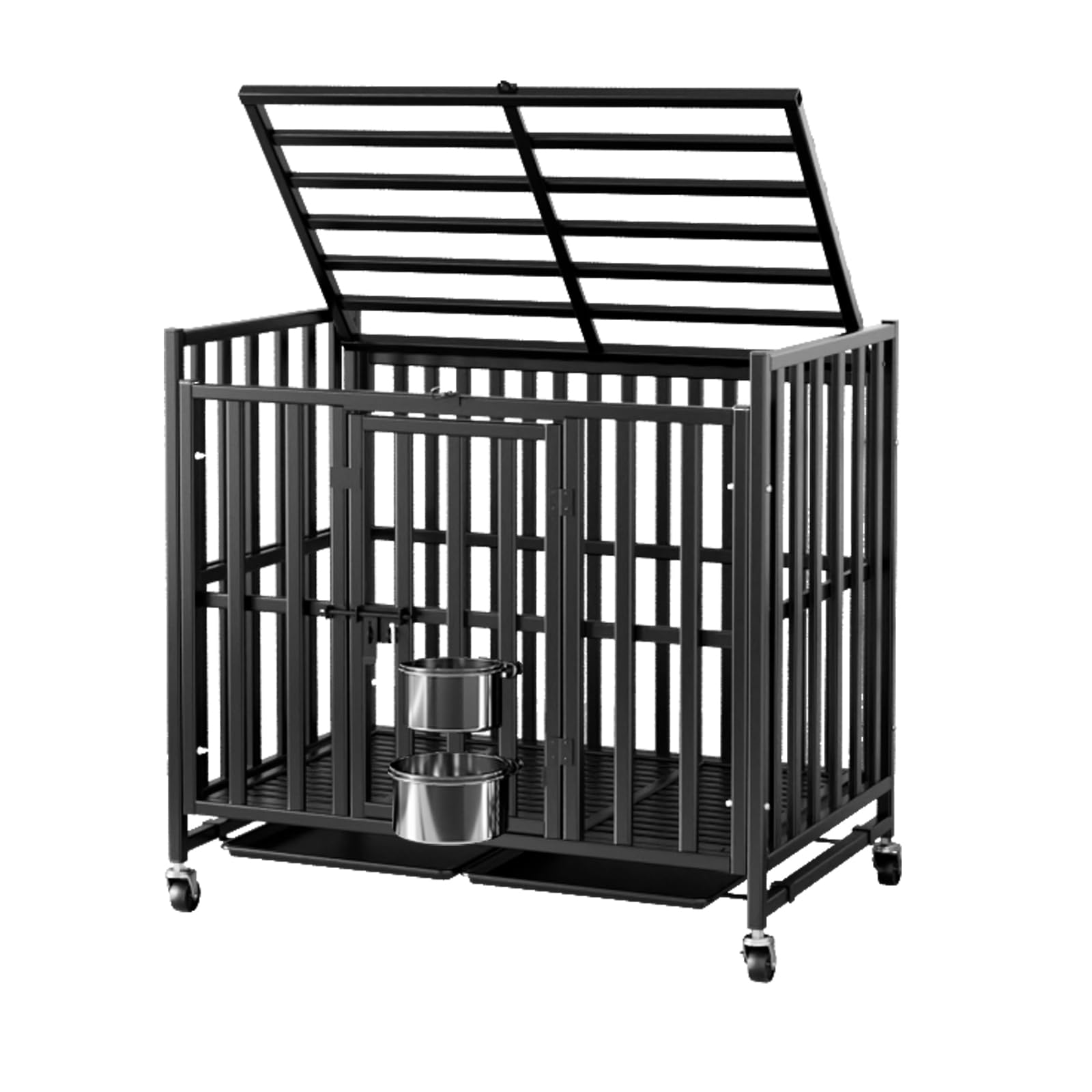 Heavy Duty 38/42-Inch Escape Proof Dog Crate for Medium to Large Dogs - Indoor Kennel with Lockable Wheels, Double Doors & Removable Tray - Includes 2 Stainless Steel Bowls - Perfect for Home, Travel & Anxiety Relief
