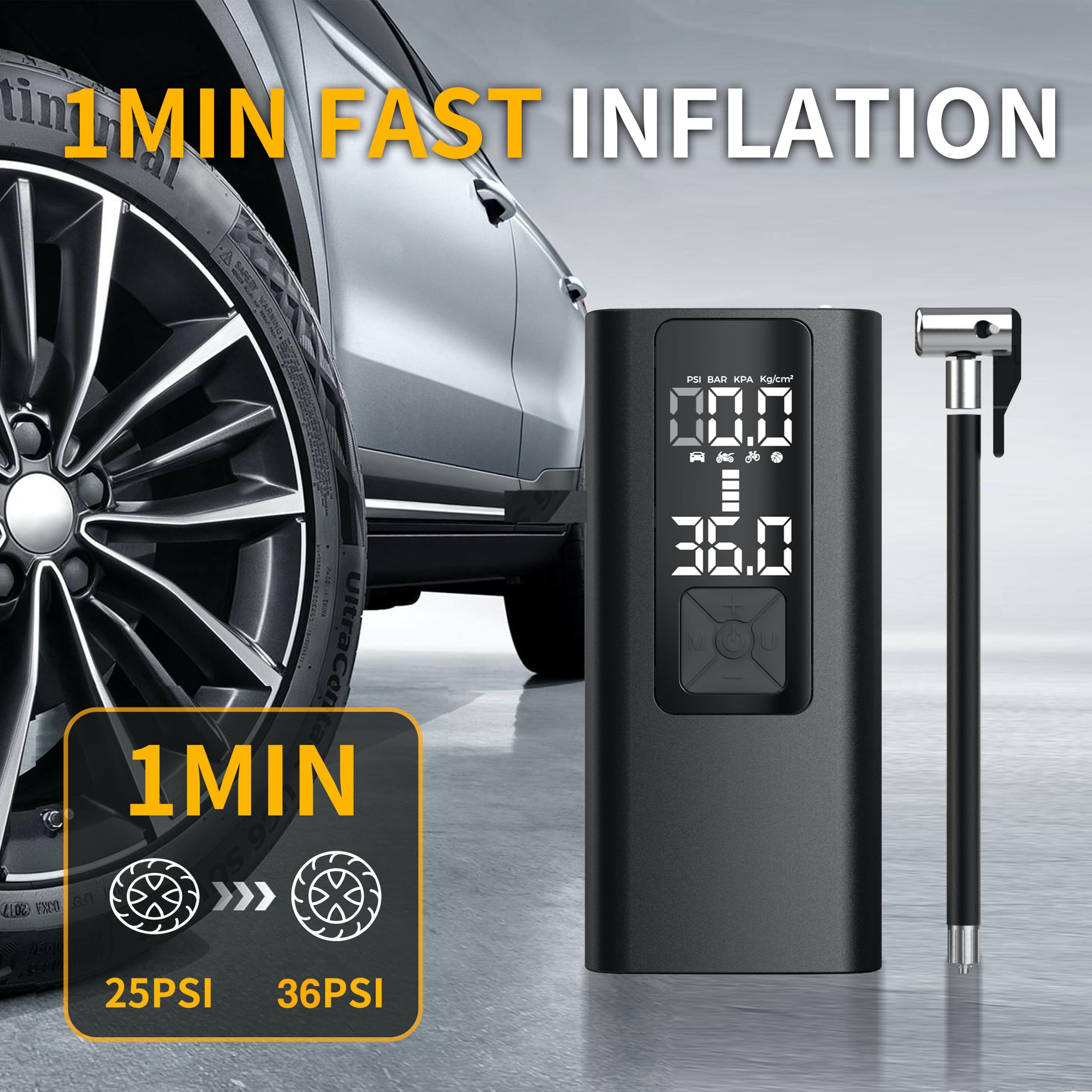 Portable Air Compressor for Car Tires - Digital Tire Inflator with Pressure Gauge, Fast 4X Inflation, Rechargeable Battery - Perfect for Cars, Motorcycles, Bikes, Sports Balls & Emergency Use (Includes LED Light & Power Bank Function)