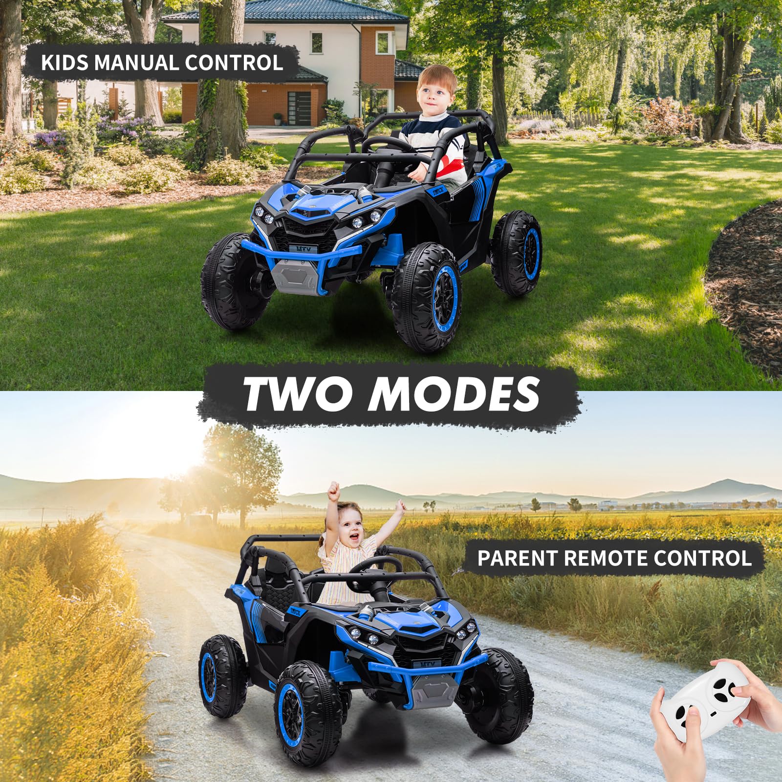 **GARVEE 24V Kids Ride-On UTV - 2 Seater 4WD Electric Truck with Remote Control, High/Low Speed, LED Lights & Shock Absorbers - One-Click Start & Music Player (Blue) - Perfect for Outdoor Play & Backyard Adventures**