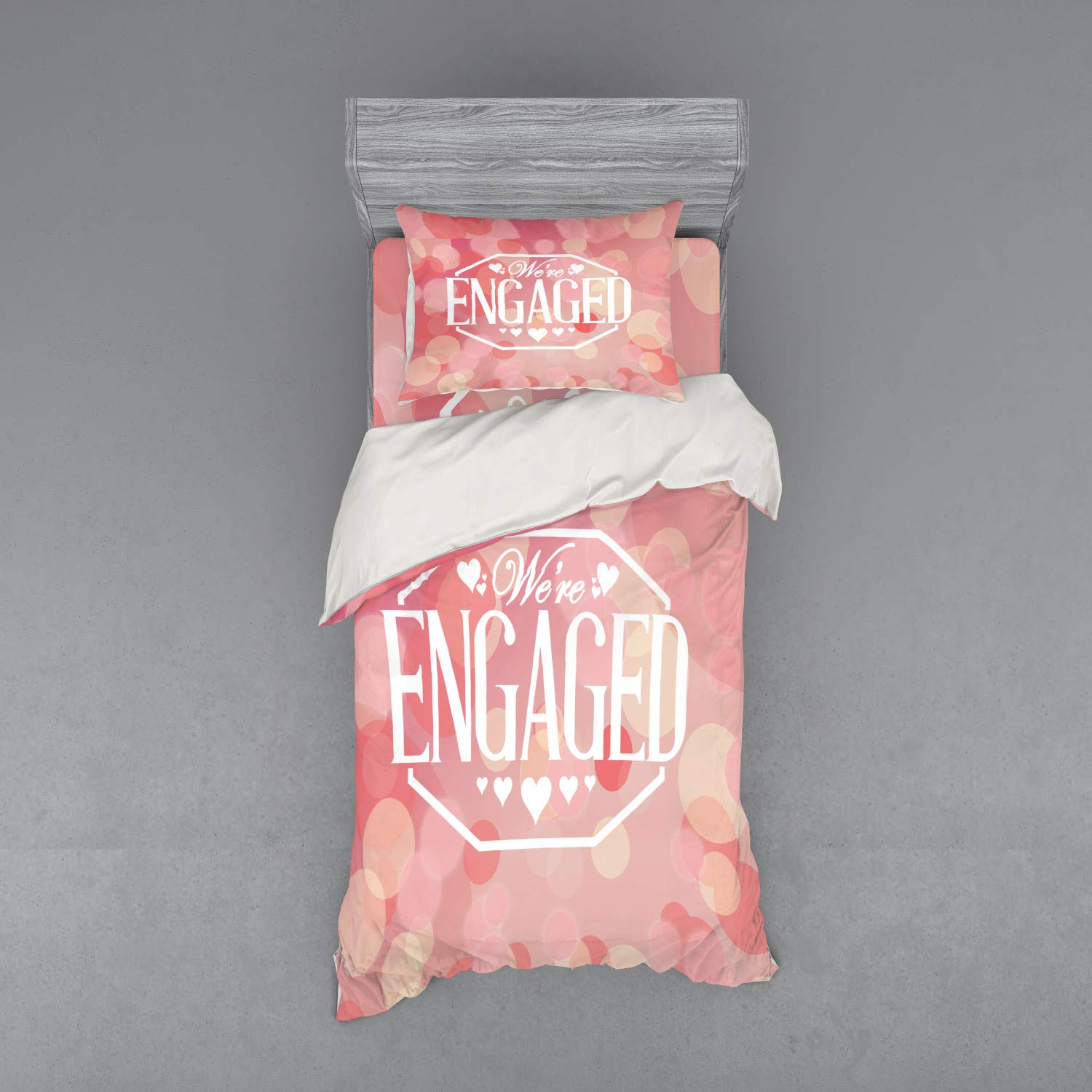 Ambesonne Engagement Party Bedding Set - 3 Piece Duvet Cover with Sham & Fitted Sheet, Twin XL Size, Salmon Pink & White, Abstract Circles Art Print - Perfect for Engagement Celebrations, Bridal Showers & Guest Room Decor