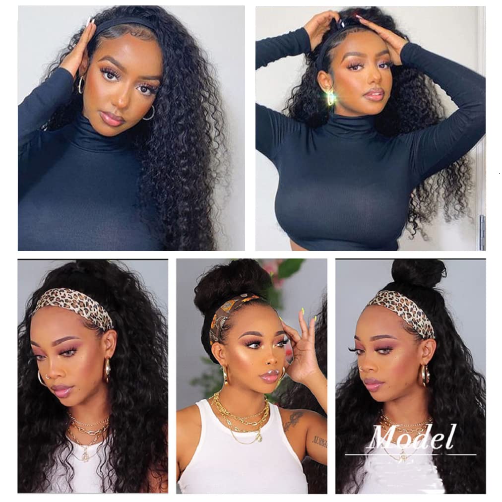 18 Inch Deep Wave Headband Wig - 150% Density Brazilian Virgin Human Hair Glueless No Lace Front Wig for Black Women | Natural Black Color | Perfect for Daily Wear, Parties & Protective Styling
