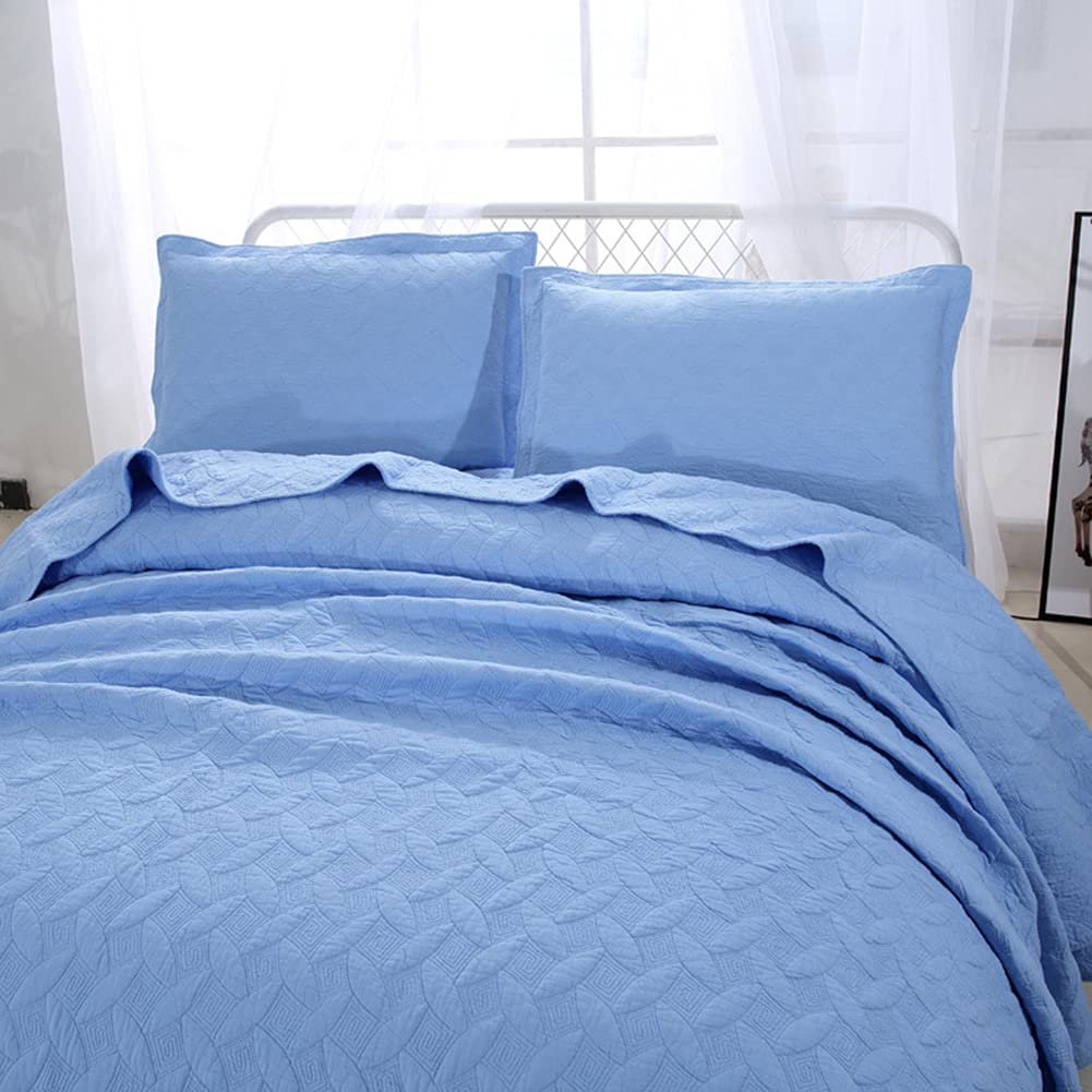 VCTOPS 100% Cotton 3-Piece Quilt Set - Solid Embroidery Lightweight Bedspread, Coverlet & 2 Pillow Shams - All Season Queen Size Bedding for Master Bedroom, Guest Room (Blue)
