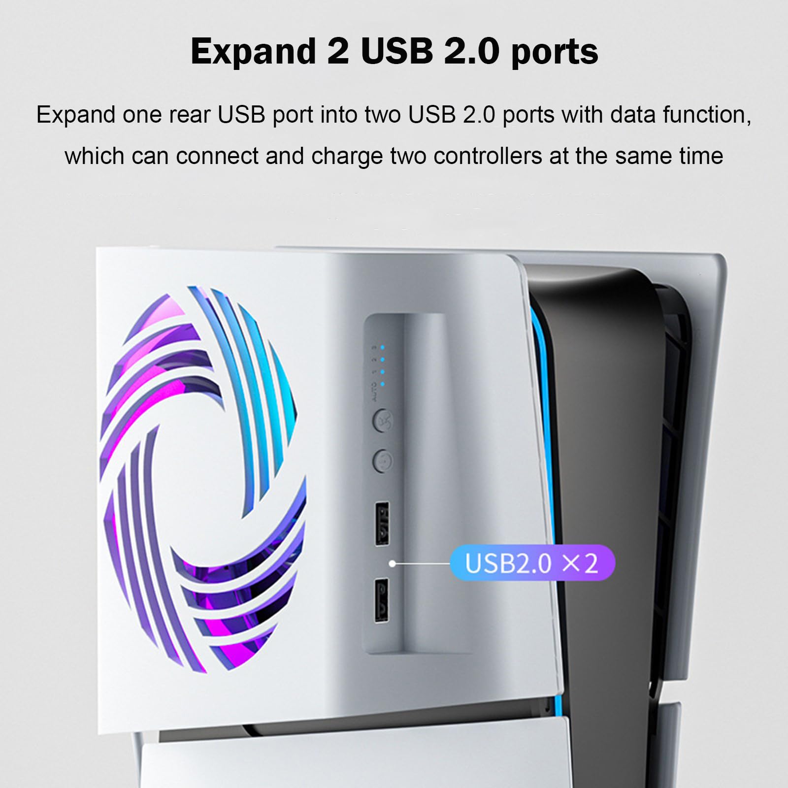 RGB Cooling Fan for PS5 Slim with Plate Cover, Auto Temperature Sensor Speed Control, 3-Speed Manual Fan & USB 2.0 Hub - Perfect for Gaming Sessions & Console Overheating Protection