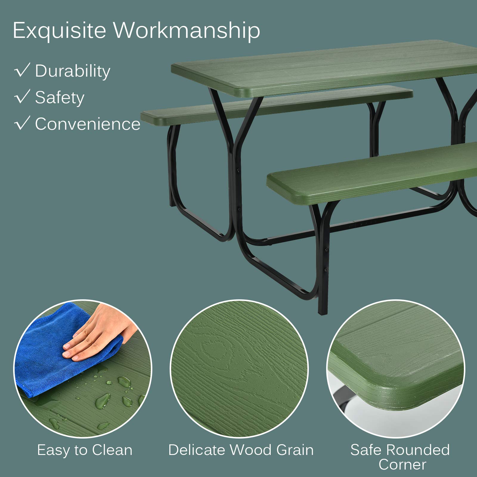 Moccha Portable Plastic Picnic Table Bench Set with Steel Frame & Wood-Like Texture - Heavy Duty All-Weather Outdoor Dining Set for Garden, Patio, Backyard, Camping and Party Gatherings (Green)
