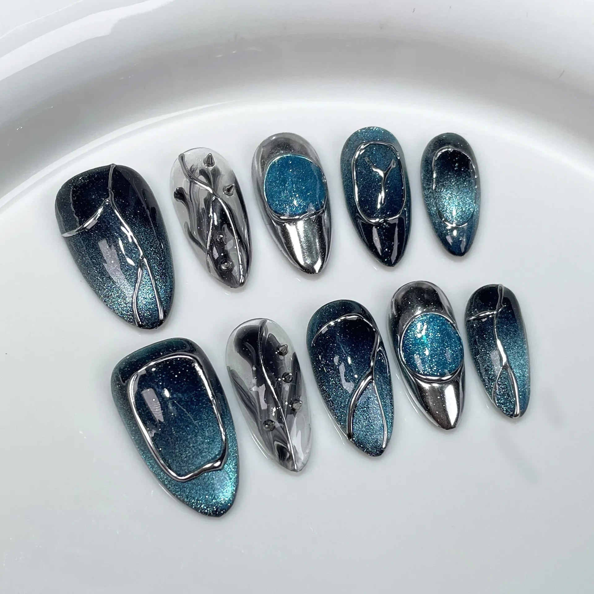 10Pcs Blue Handmade Almond Press on Nails - French Design with Rhinestones & Glitter | Full Cover Fake Nail Tips for Manicure | Perfect for Parties, Weddings, and Special Occasions