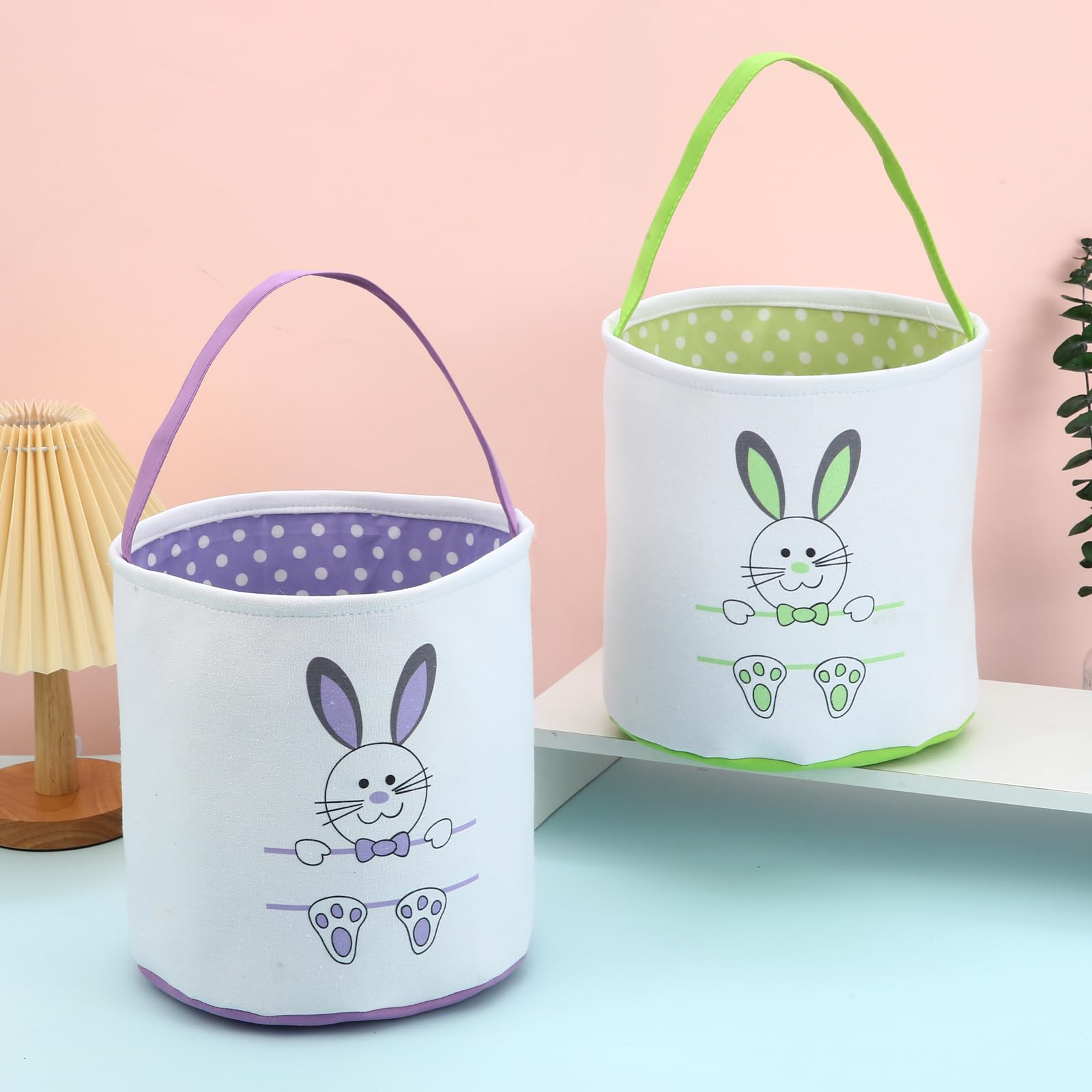 2 Pack Personalized Easter Bunny Basket Bags for Kids - Cotton Canvas Easter Egg Hunt Bags with Cute Rabbit Print - Perfect for Easter Eggs, Candy & Gifts (Green, Purple) - Great for Easter Parties, Egg Hunts & Holiday Decorations