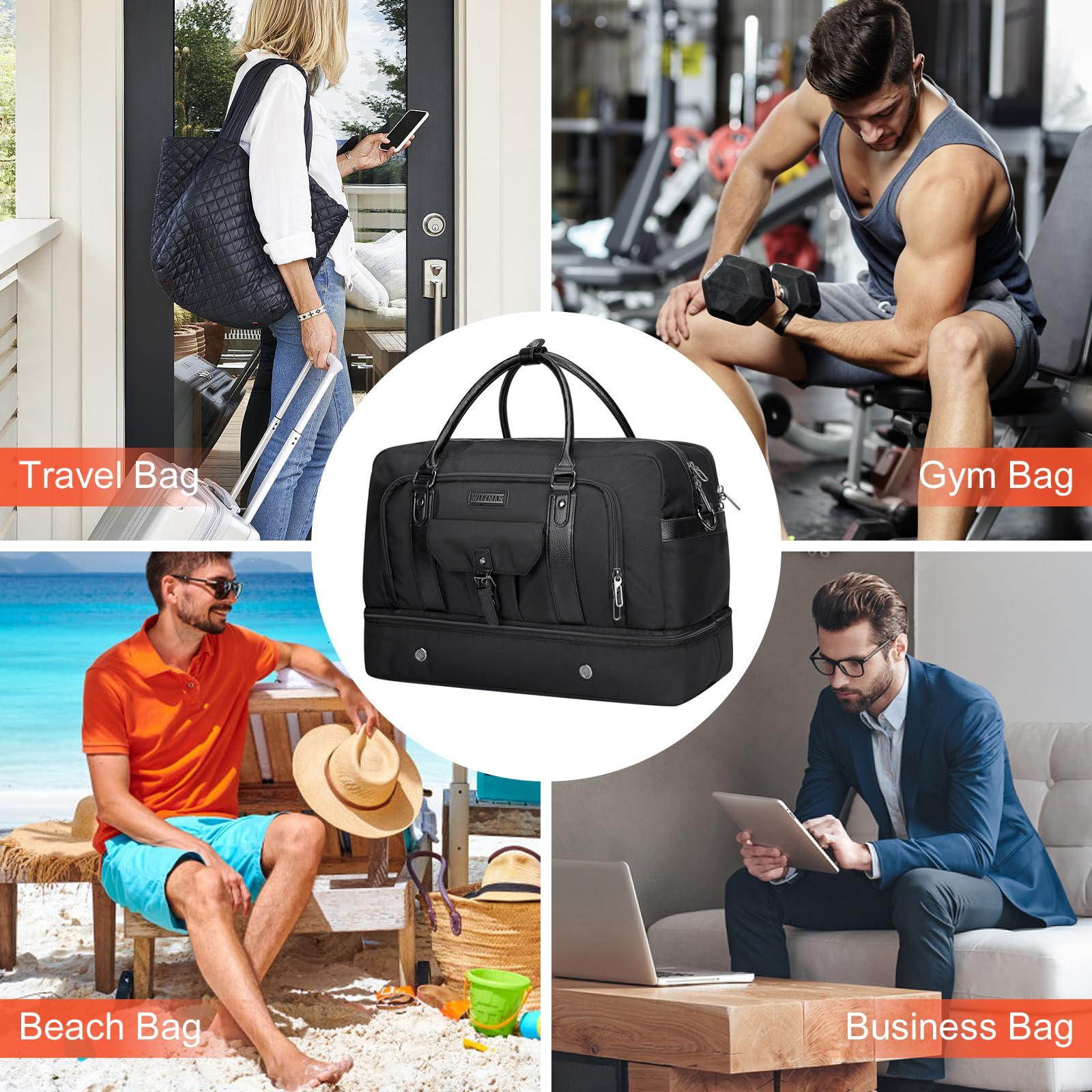 WITZMAN Weekender Travel Duffle Bag for Men & Women - Carry On Overnight Bag with Toiletry Kit & Shoe Compartment (Black B694) - Perfect for Gym, Business Trips & Weekend Getaways