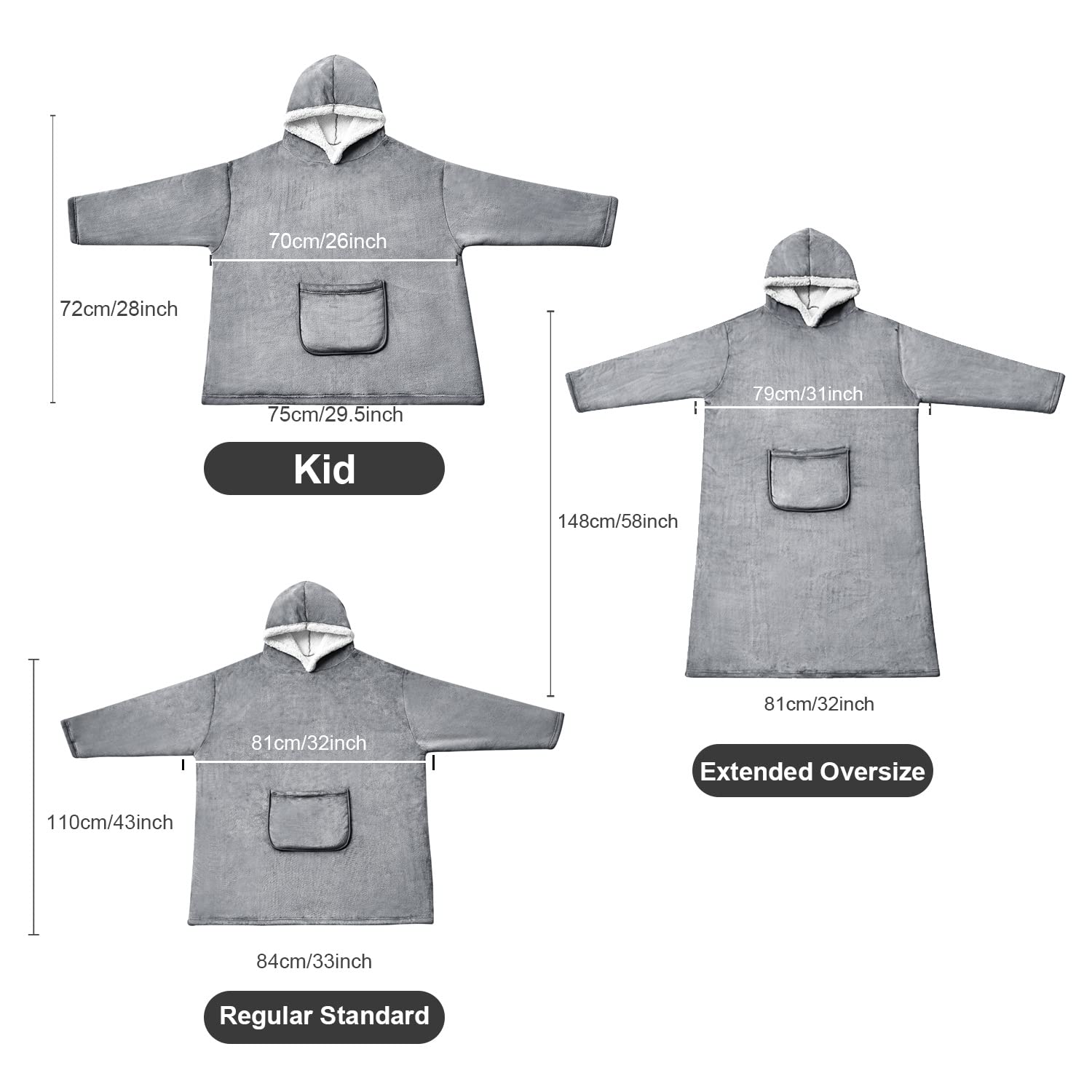 Cozy Hansleep Hoodie Blanket with Pockets for Adults - Soft Grey Oversized 32 x 58 Inch Wearable Blanket - Perfect for Lounging, Camping & Movie Nights