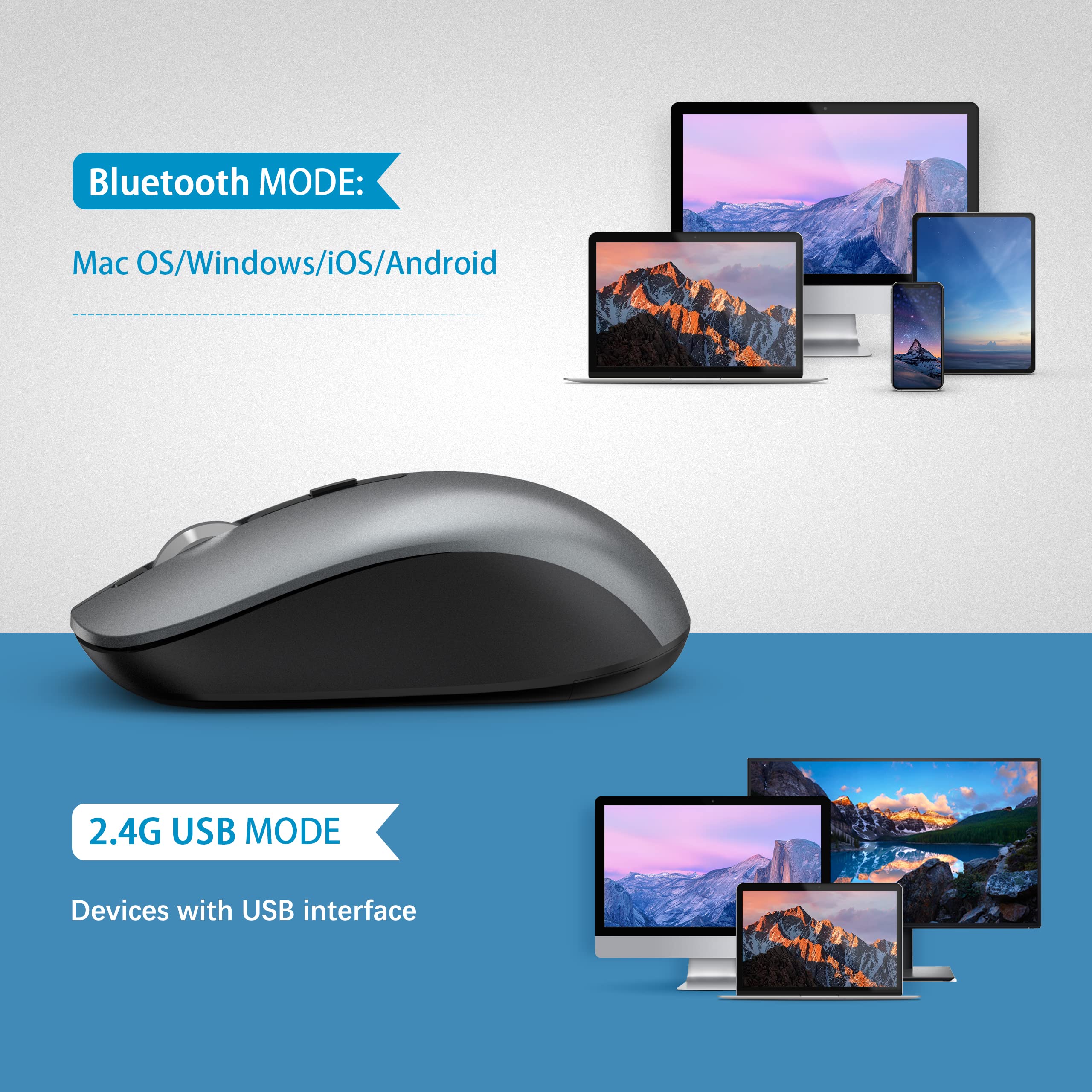 JOYACCESS J 2.4G无线蓝牙鼠标双模版(蓝牙5.0/3.0+USB)，适用于笔记本电脑、MacBook、Windows、MacOS、Android，铁灰色，办公学习游戏多场景通用