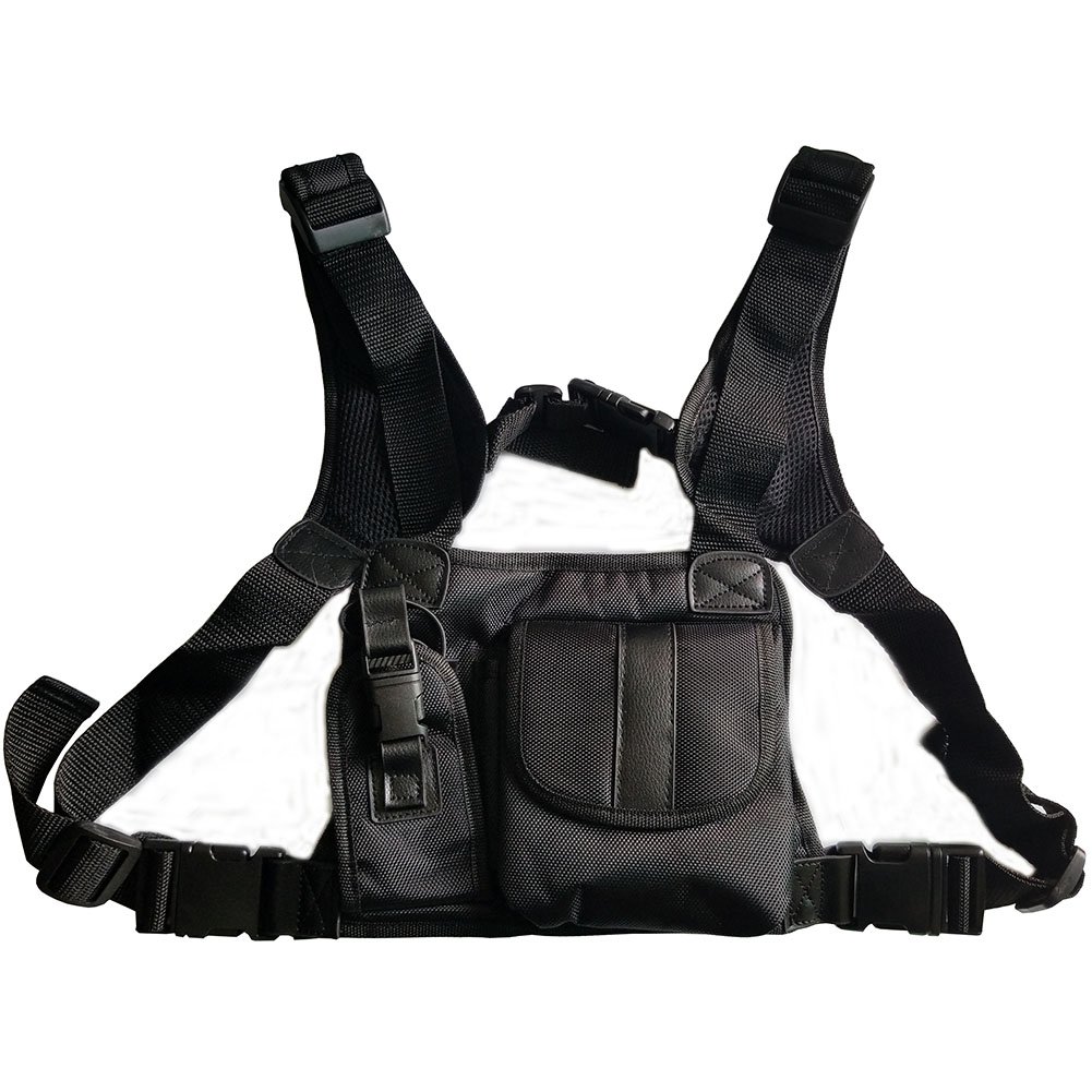 Lewong Universal Hands-Free Chest Harness Bag Holster for Two-Way Radio - Durable Leather Black - Perfect for Rescue, Hiking, and Outdoor Adventures