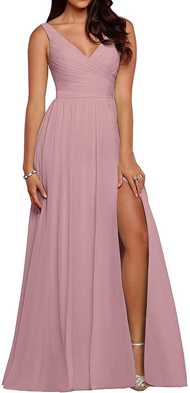 Elegant Dusty Rose Chiffon Bridesmaid Dress - Long V-Neck Pleated Wedding Guest Gown with High Slit & Backless Design for Prom, Formal Events & Special Occasions