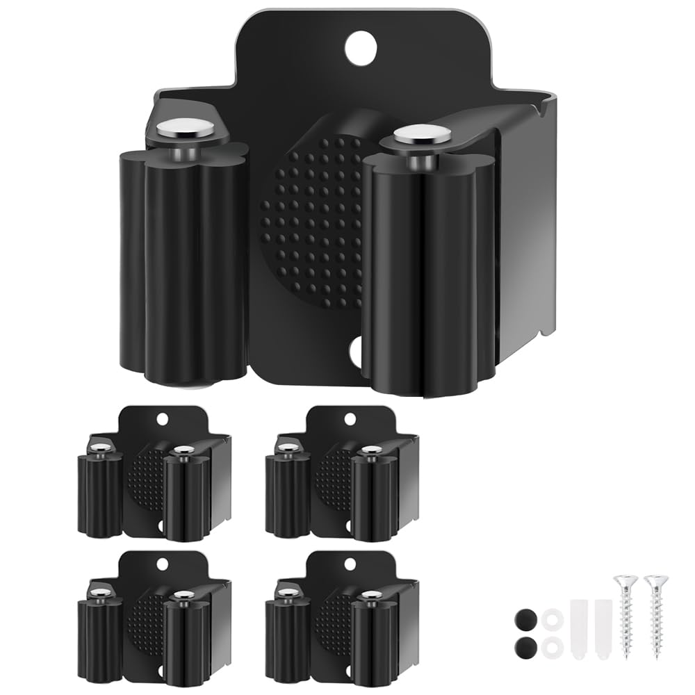 **4-Pack Heavy Duty Stainless Steel Broom Holder Wall Mount - Mop Hanger Organizer with Screws for Garage, Garden & Outdoor Tool Storage (Black)**