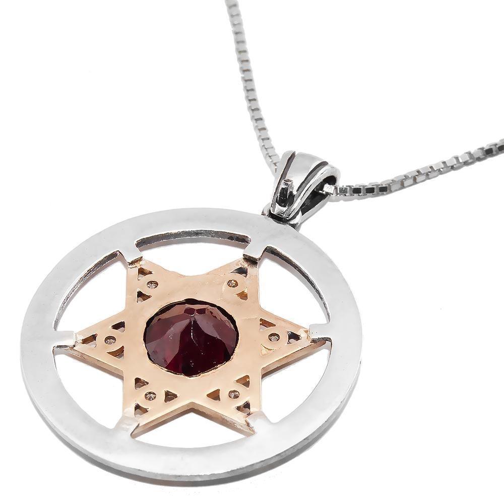 925 Silver & 9K Gold Magen David Pendant with Garnet Stone - Jewish Star of David Jewelry with Priestly Blessing - Perfect for Hanukkah Gifts, Bar Mitzvah & Jewish Religious Ceremonies