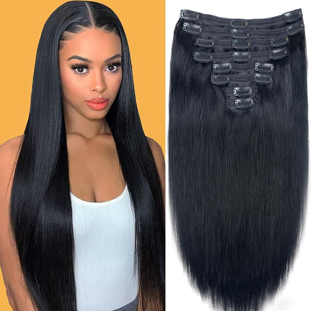 Straight Clip in Hair Extensions for Black Women - 8pcs Real Human Hair Set with 18 Clips & Double Lace Weft, 120g, 100% Soft Natural Black Hair (24Inch, #1B) - Perfect for Daily Styling, Parties & Special Occasions