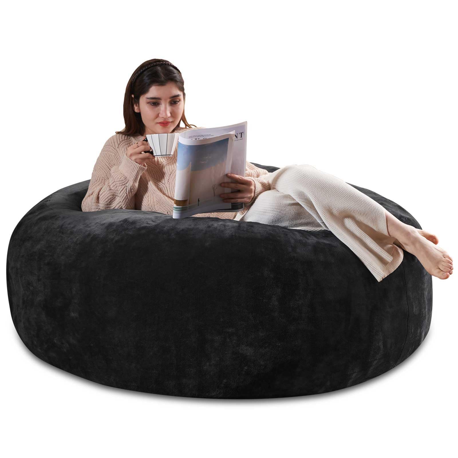 5FT Oversized Memory Foam Bean Bag Chair for Adults with Removable Washable Flannel Cover - Includes Filler - Perfect for Living Room, Bedroom & Reading Nook (Black)