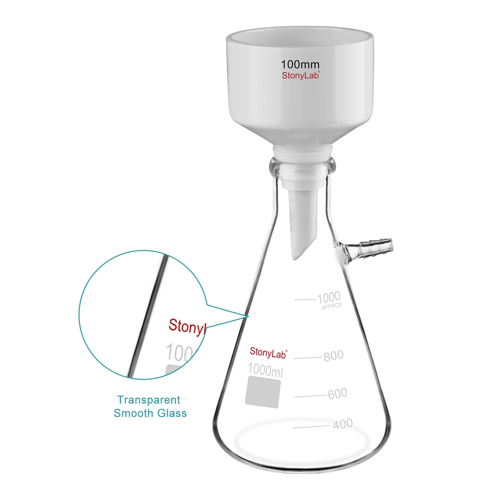 Stonylab Porcelain Buchner Funnel & 1L Heavy Duty Glass Filter Flask Set - 100mm Lab Filtration Kit with Adapter Cones for Chemistry Experiments, Vacuum Filtration & Scientific Separation