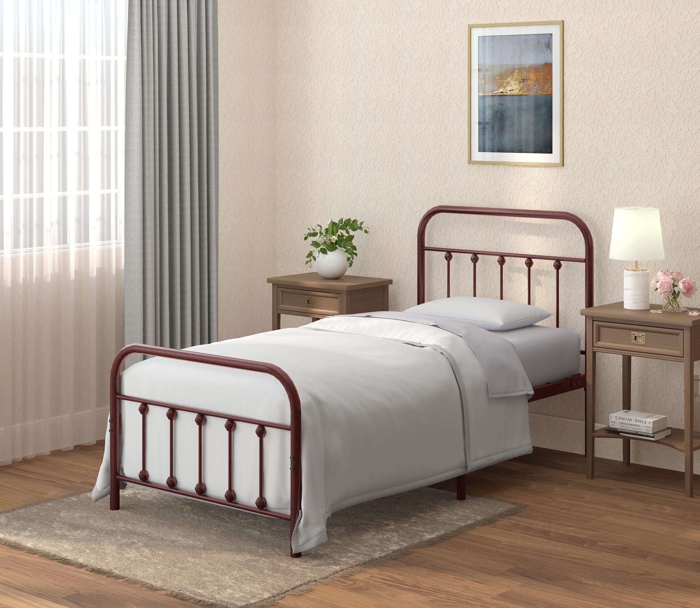 Vintage Wrought Iron Bed Frame with Classic Metal Platform Base - Twin Size, Headboard & Footboard, No Box Spring Needed, Easy Assembly, Noise-Free, Sleek Brown Finish | Perfect for Guest Rooms, Dormitories & Vintage-Themed Bedrooms