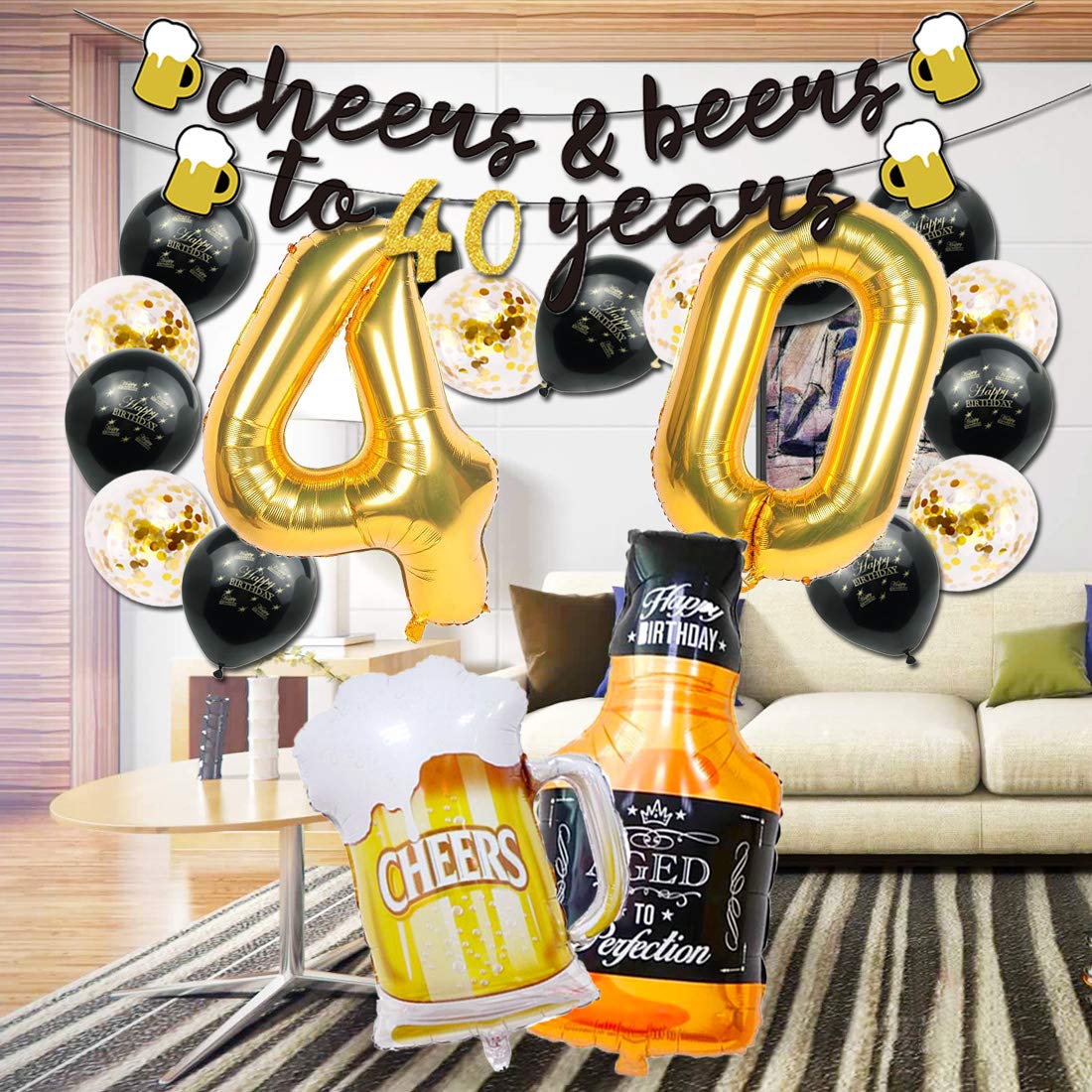 Black & Gold 40th Birthday Party Decorations for Men - Cheers to 40 Years Banner, Beer Mug Balloons, Confetti & Fringe Backdrop - Perfect for 40th Anniversary Celebrations, Beer Themed Parties & Milestone Birthday Decor