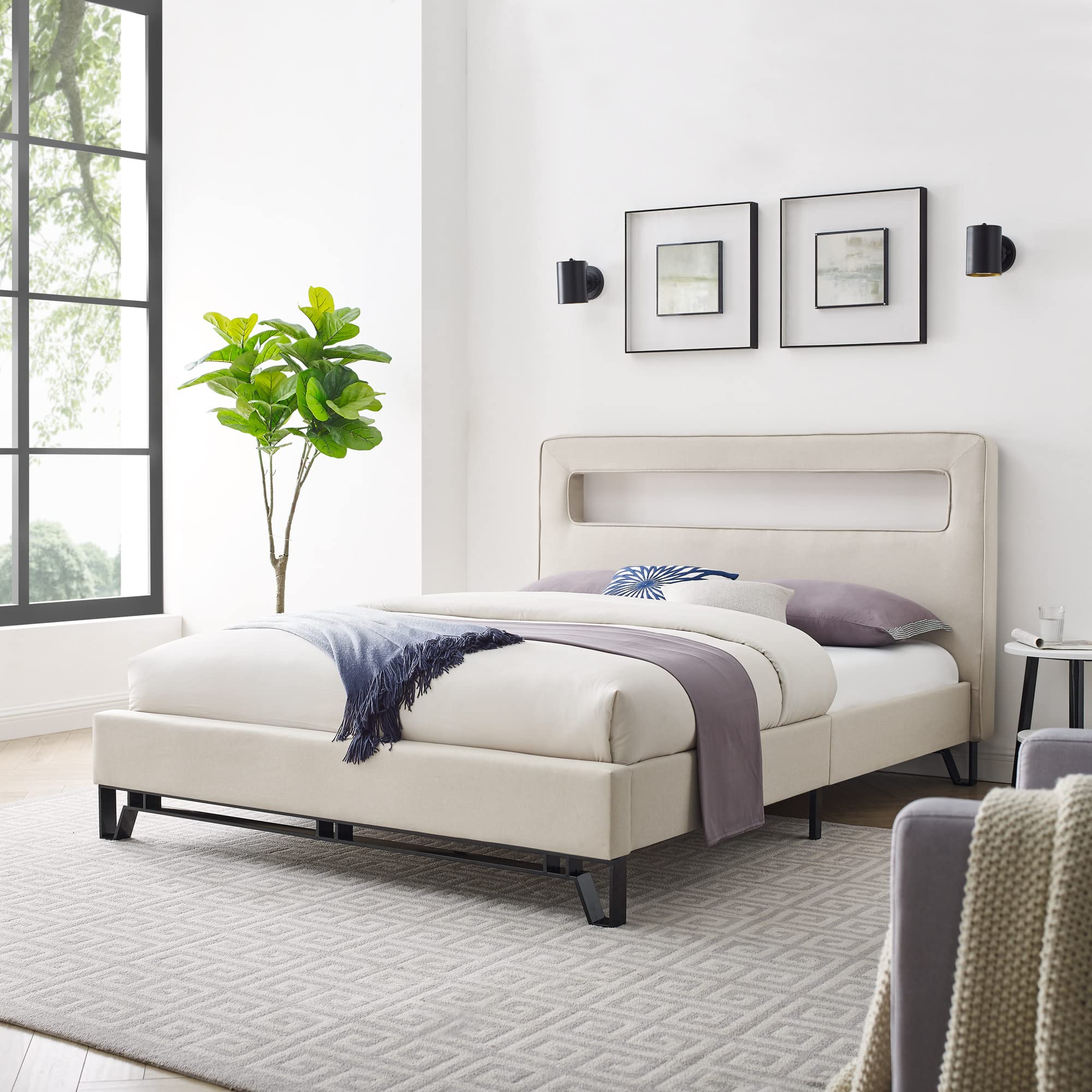 Clermont Beige Upholstered Queen Size Bed - Luxurious Fabric Headboard for Modern Bedroom Decor | Perfect for Master Bedroom, Guest Room & Apartment