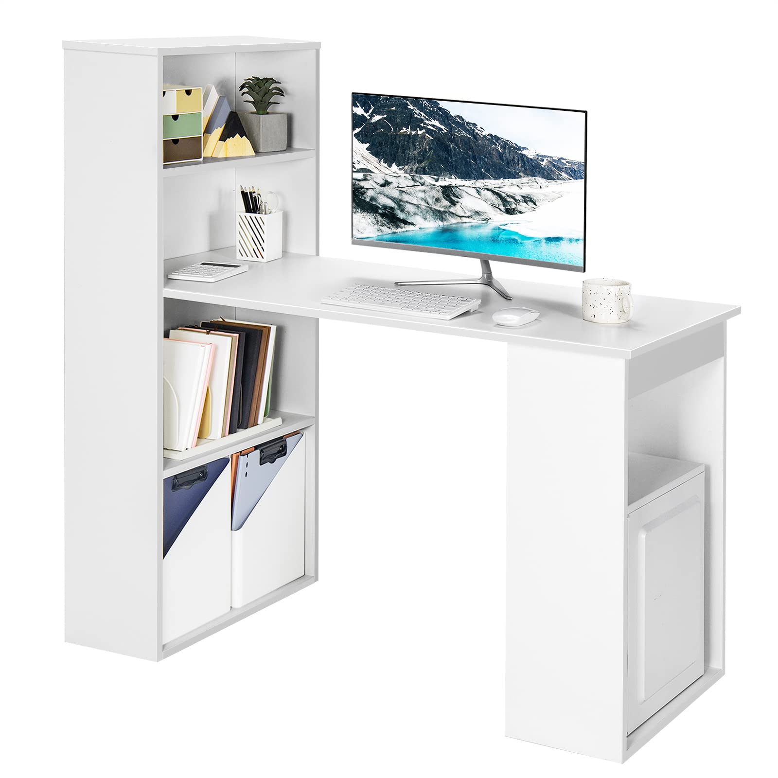 Tangkula White Computer Desk with Bookshelf - Compact Writing Study Desk with Storage Shelves & CPU Stand | Modern Home Office Workstation, Space-Saving Design for Small Rooms, Dorm & Apartment | Perfect for Remote Work, Online Learning & Gaming Setup