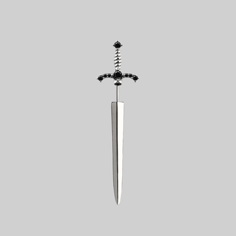 MAJESTY Black Spinel Dagger Single Earring in Sterling Silver - Gothic Jewelry for Women, Punk Fashion Accessory, Unique Statement Piece for Parties & Night Out