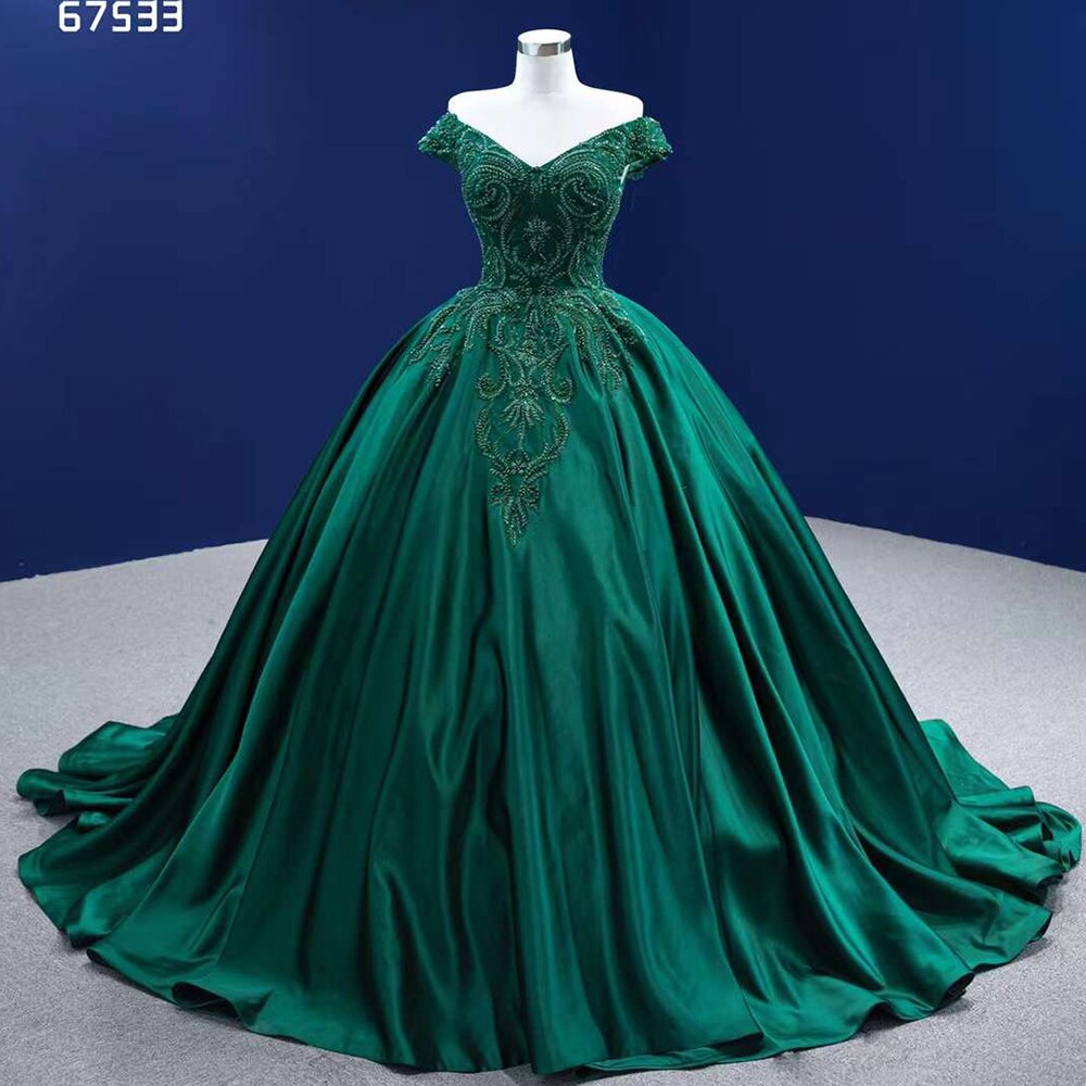 Luxury Dark Green Off-Shoulder Lace Wedding Dress with Beaded Details - Custom Made Bride Gown HM67533 for 2025 Weddings, Prom & Special Occasions