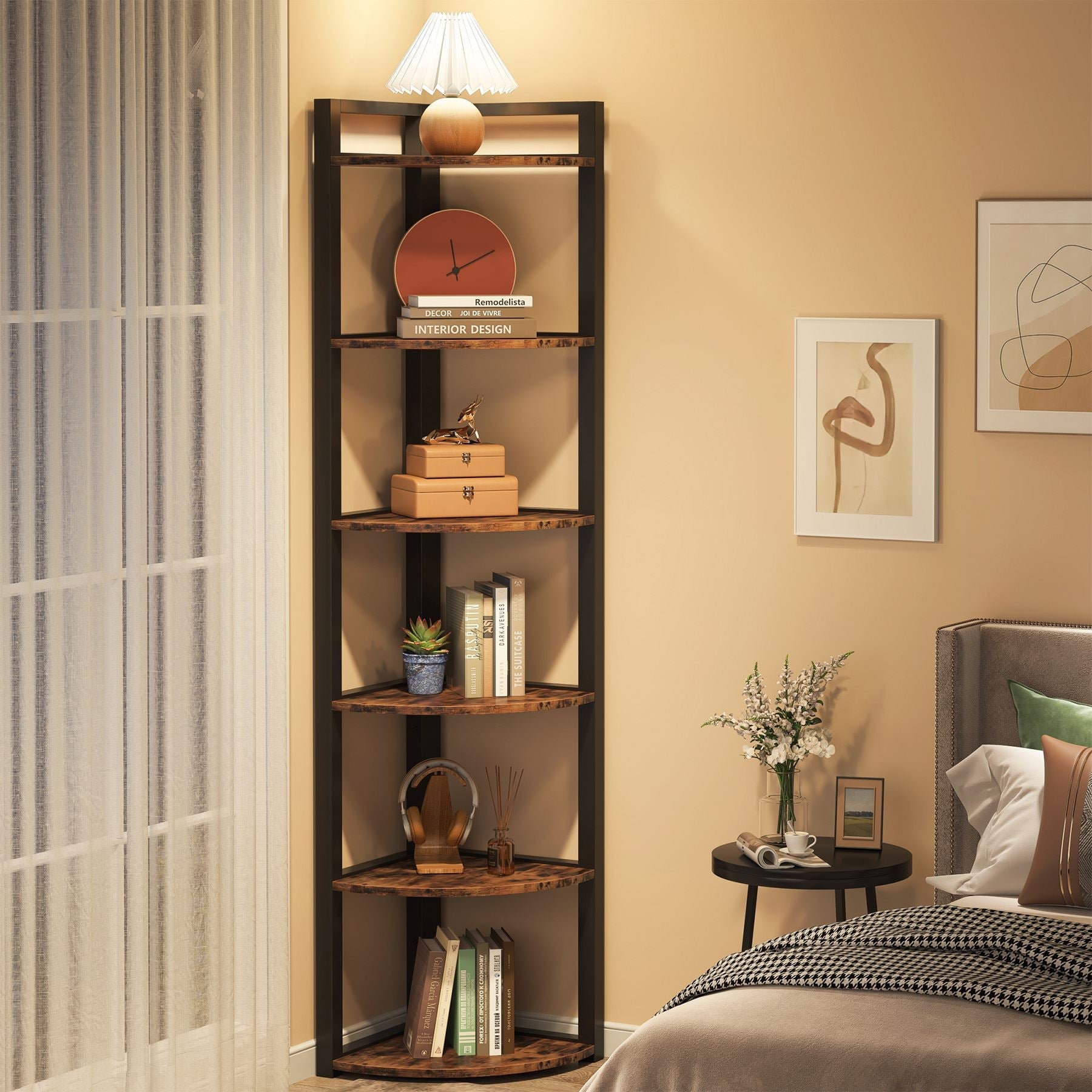 6 Tier Corner Shelf - Small Corner Bookshelf Storage Rack for Bedroom, Bathroom & Office - Space Saving Organizer for Books, Plants & Decor