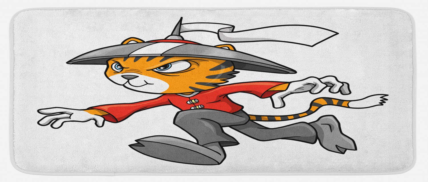 Ambesonne Ninja Cat Kitchen Mat - Non-Slip Plush Decorative Rug with Cartoon Warrior Design, 47