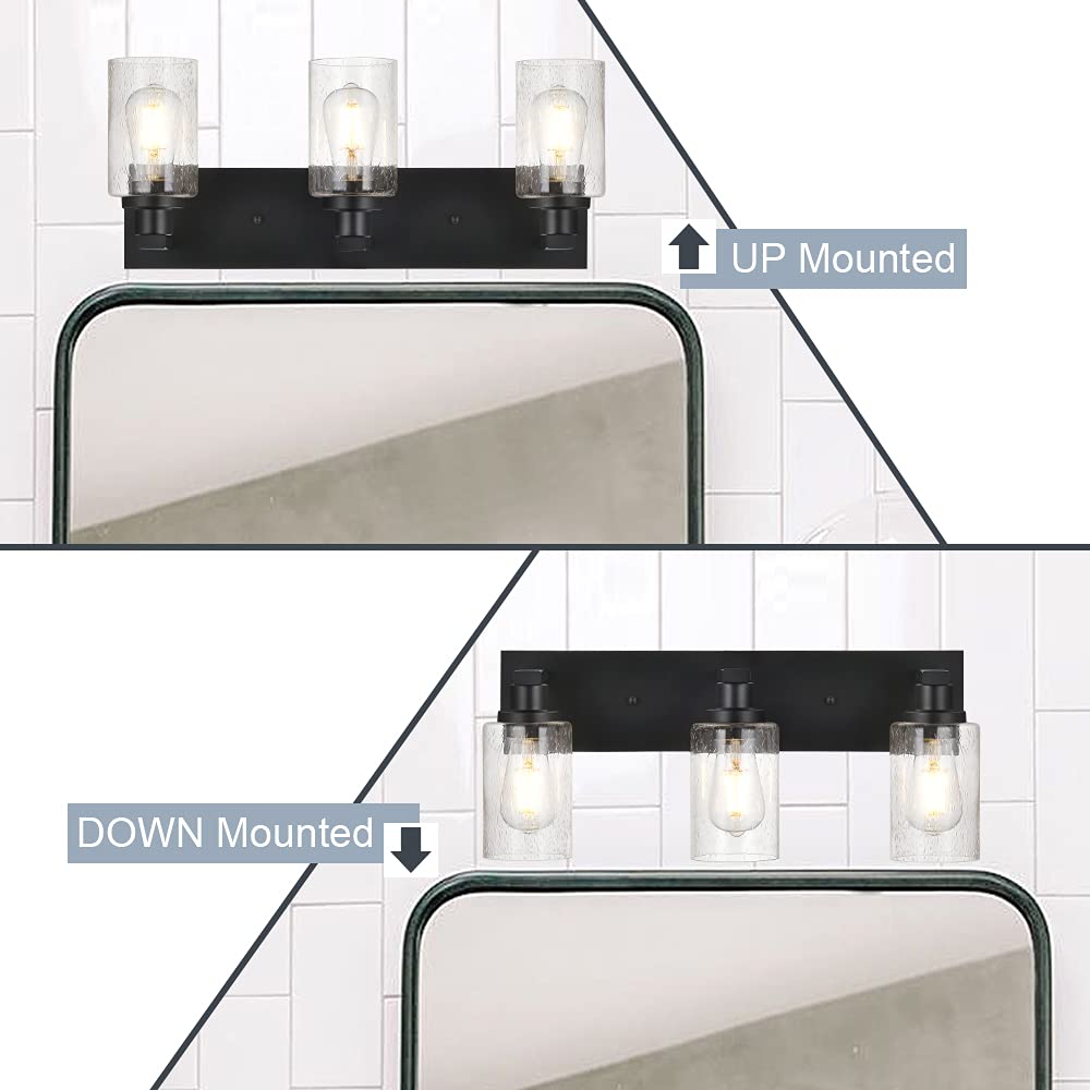 3-Lights Black Bathroom Vanity Light Fixture with Seeded Glass Cylinders - Perfect for Mirror Lighting, Bathroom Wall Sconce, and Modern Home Decor