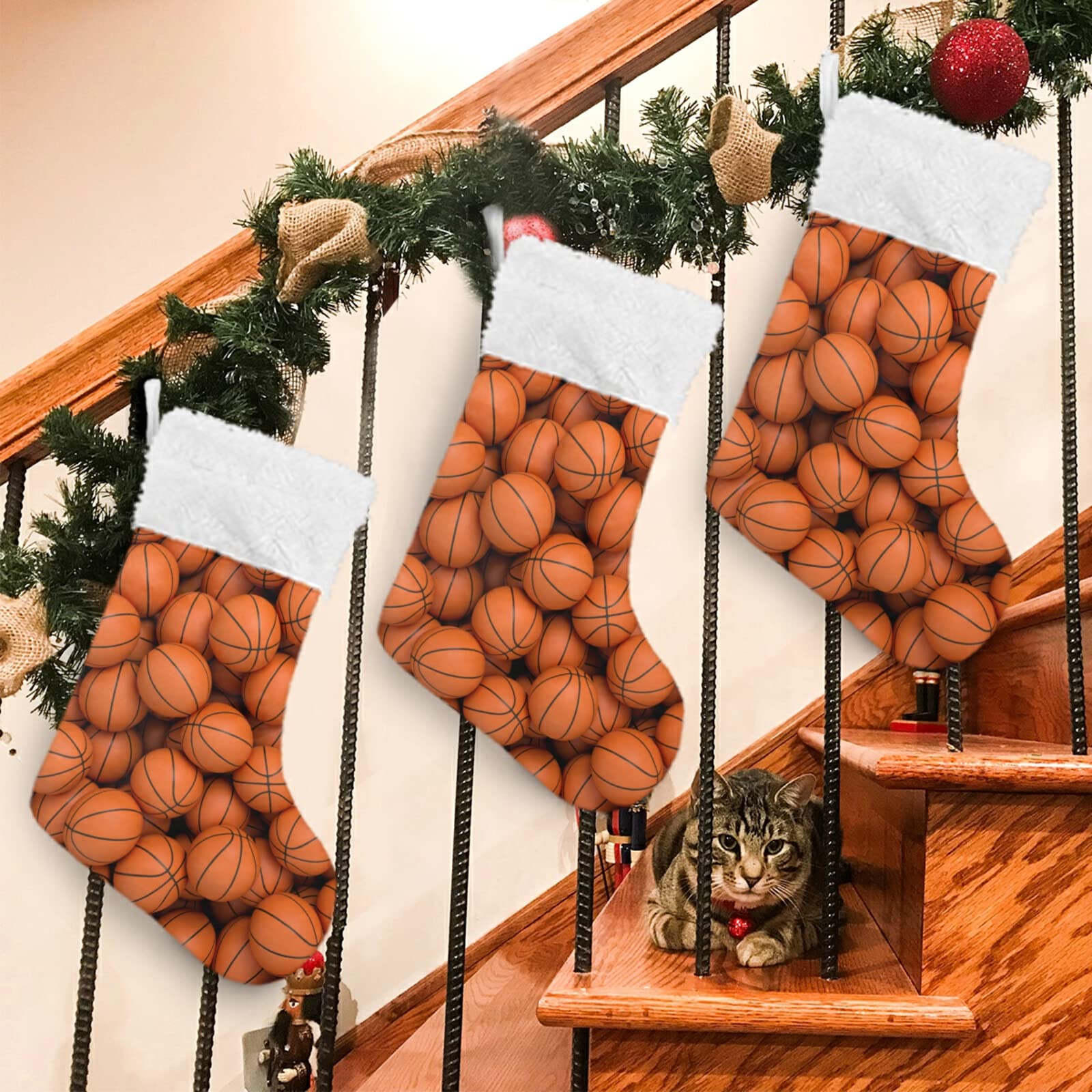 3D Orange Basketball Christmas Stockings - Personalized Large 18 Inch Xmas Stockings with Cute Snowflake Design for Holiday Decorations, Family Party & Christmas Gifts (2PCS) - Perfect for Fireplace Mantel, Tree Decor, and Festive Home Styling