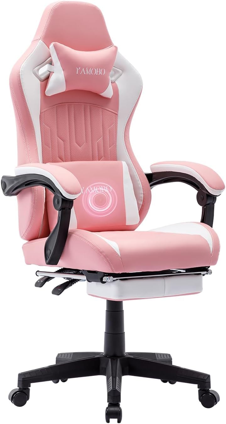YAMOBO Pink Ergonomic Gaming Chair with Footrest & Massage Lumbar Support - High Back Computer Chair for Adults with Adjustable Armrests & Reclining Function - Perfect for Home Office, Gaming Setup & Streaming Studio