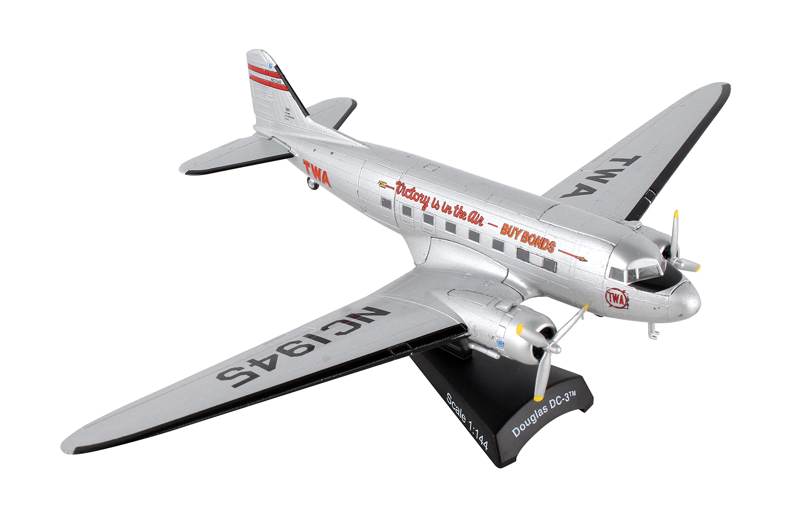 Daron Postage Stamp Douglas DC-3 TWA 1/144 Scale Silver Diecast Model Airplane - Vintage Aircraft Collectible for Display & Aviation Enthusiasts