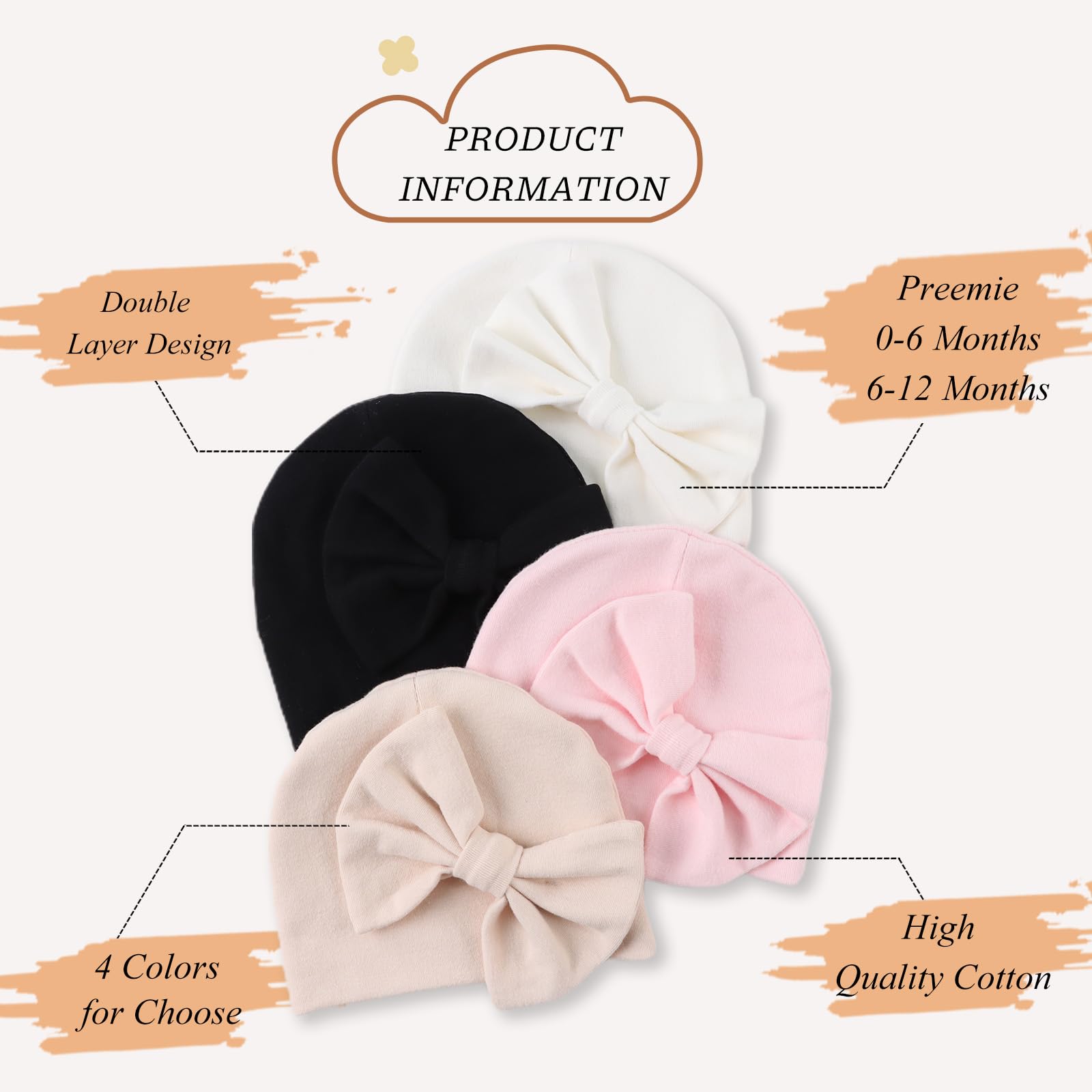 Adorable Newborn Baby Girl Hat - Soft Cotton Bow Beanie for Preemie & Infant 0-12 Months | Perfect Spring Accessory for Photoshoots, Outings & Special Occasions