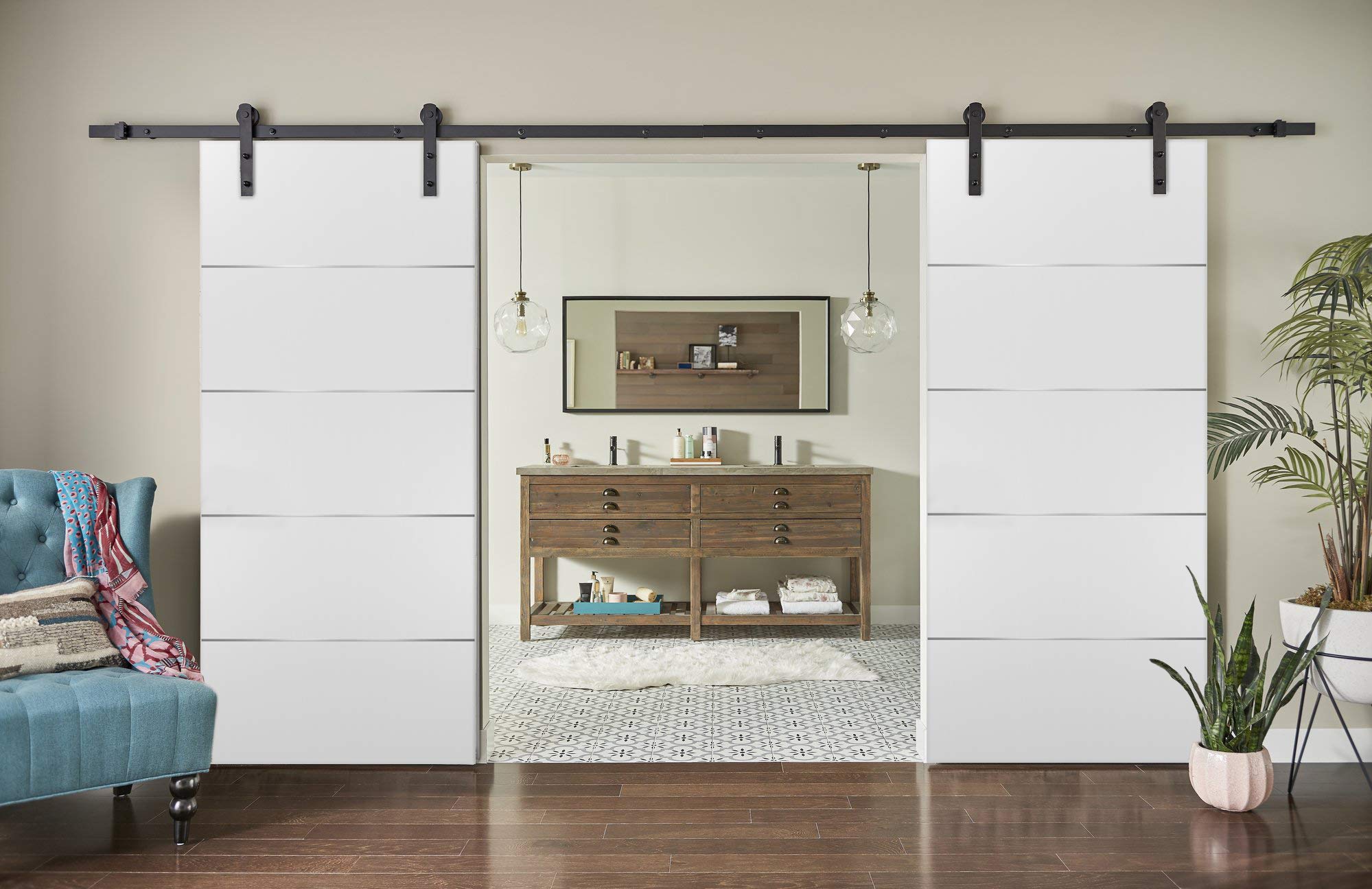 SARTODOORS 60x84 Inch Double Barn Sliding White Doors with Black Hardware - Planum 0020 Matte White Finish - 13 Feet Steel Rail & Hanger Set - Modern Solid Core Closet Doors for Bedroom, Living Room & Office Spaces