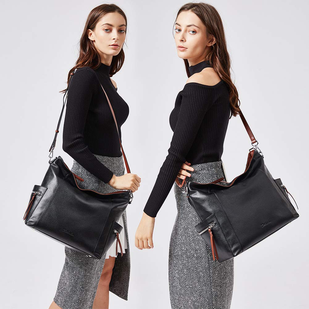 BOSTANTEN Genuine Leather Hobo Handbag for Women - Designer Shoulder Tote & Crossbody Purse - Large Capacity Work Bag, Travel Bag, Everyday Carry (Black)