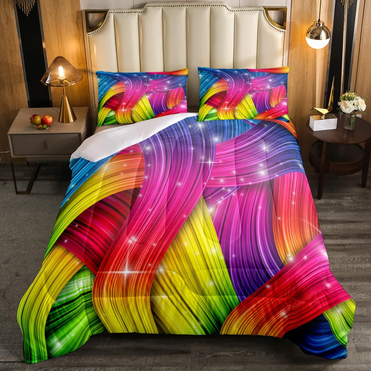 Erosebridal Full Size Tie Dye Comforter Set - Rainbow Iridescent Batik Bedding for Girls, Teens & Women | Bohemian Gypsy Duvet Cover with Glitter Accents | Perfect for Kids' Rooms, Dorm Decor & Boho Chic Bedrooms