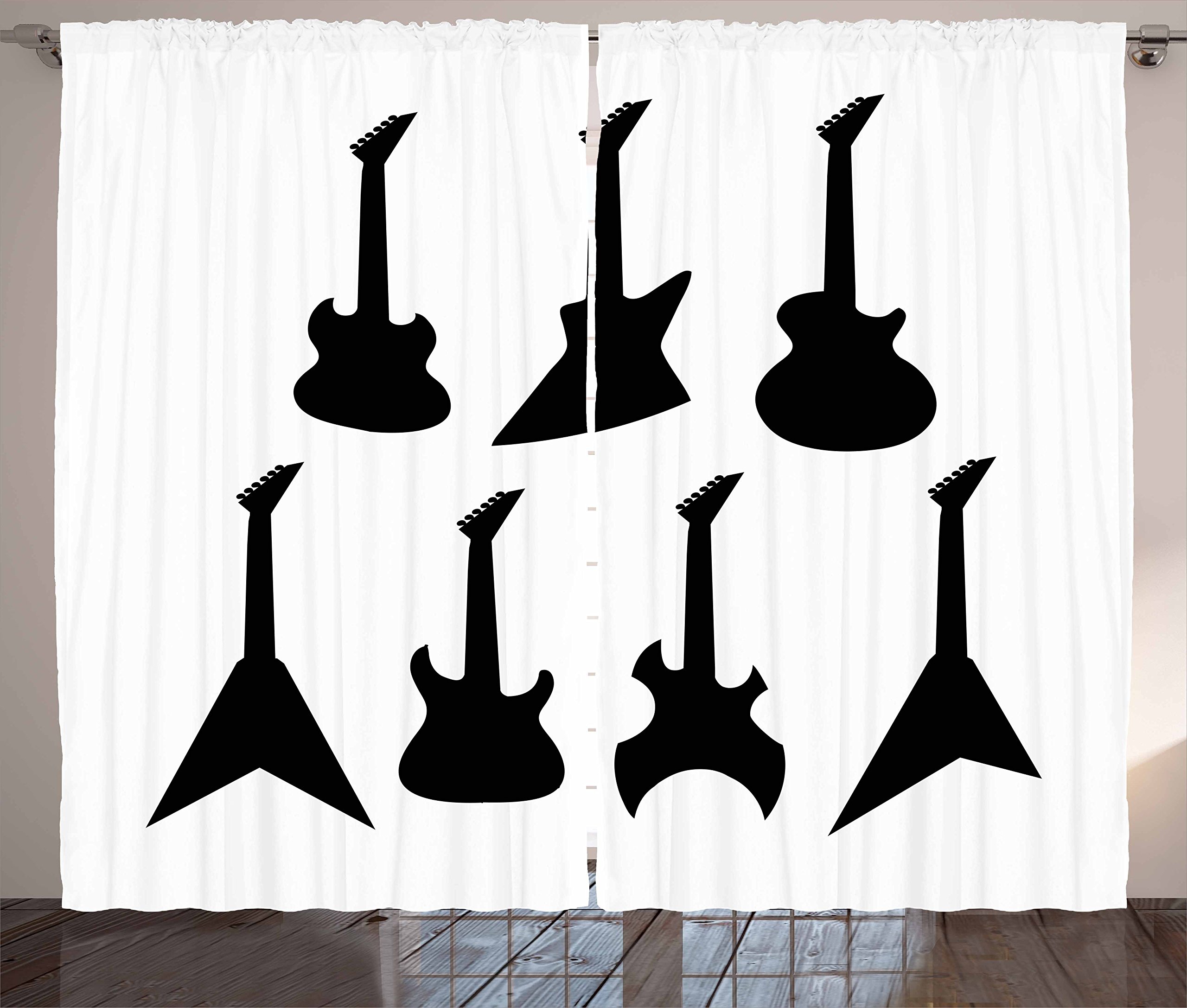 Ambesonne Rock Music Themed Black and White Guitar Silhouette Curtains - Acoustic, Electric & Bass String Instrument Design - 108