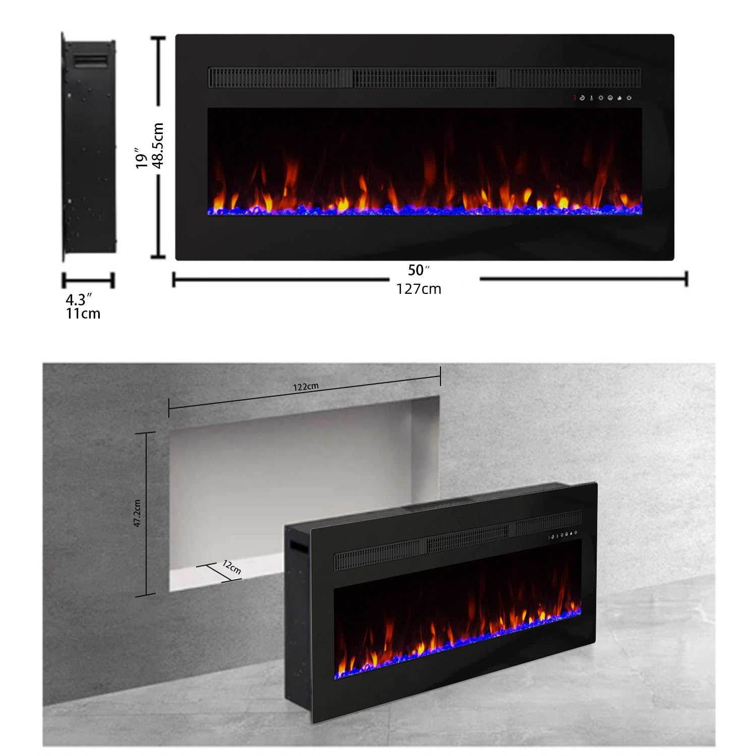 Panana 50-inch Recessed Electric Fireplace Heater - 1400W Wall Mounted Fireplace with Remote, 8H Timer, 20 Color Flame Options (Includes Log Set & Crystal) - Perfect for Living Room, Bedroom & Office Heating