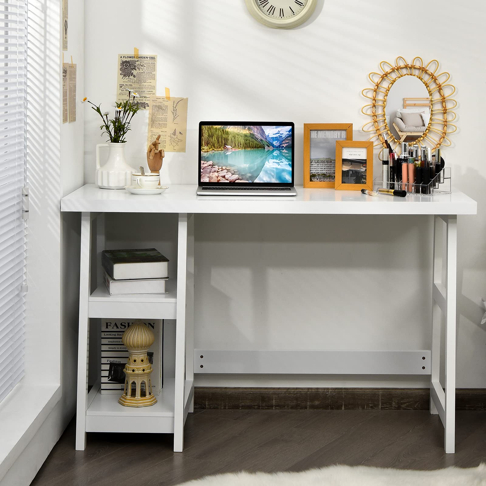 Tangkula White Modern Trestle Desk with Storage Shelves - Home Office Writing Desk, Space Saving Study Desk for Small Bedroom - Perfect for Remote Work & Online Learning