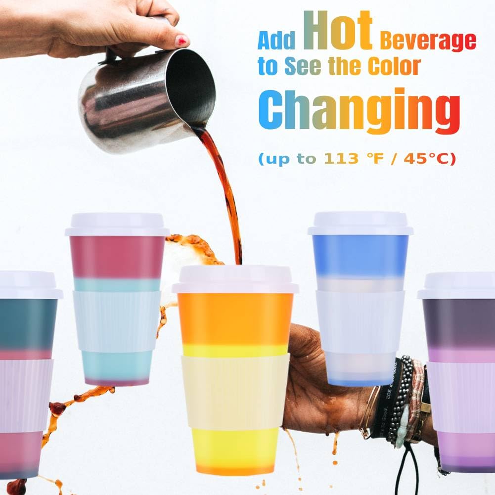 5 Pack 16oz Color Changing Reusable Coffee Cups with Lids - Insulated Travel Tumblers for Hot & Cold Drinks - Perfect for Kids, Adults, Office, Camping & Road Trips (BPA-Free Plastic)