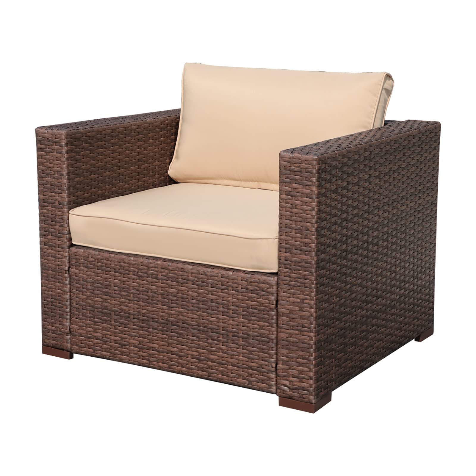 All-Weather Wicker Patio Armchair with Beige Cushions - Outdoor Garden Sofa Chair for Backyard, Poolside & Sectional Sets - Durable & Comfortable OC Orange-Casual Furniture for Relaxing in Sun or Shade