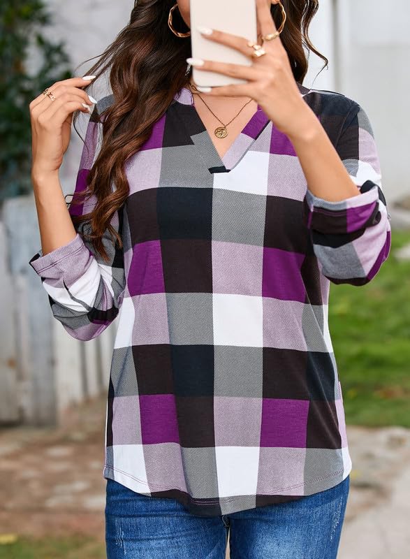 Dokotoo Women's Casual V-Neck Plaid Print Long Sleeve Blouse - Comfortable Work Shirt with Cuffed Sleeves, Sizes S-3XL - Perfect for Office, Business Casual, and Everyday Wear